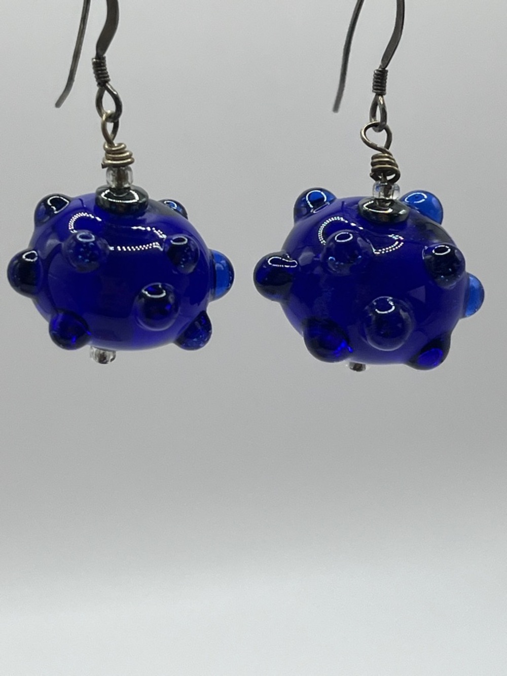 Handmade Cobalt Blue Glass Bubble Drop Earrings - Picture 4 of 6